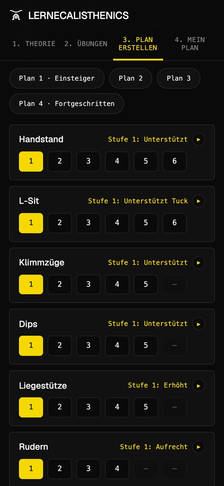 Guide-Bildschirm Plan erstellen: Stufe pro Übung auswählen